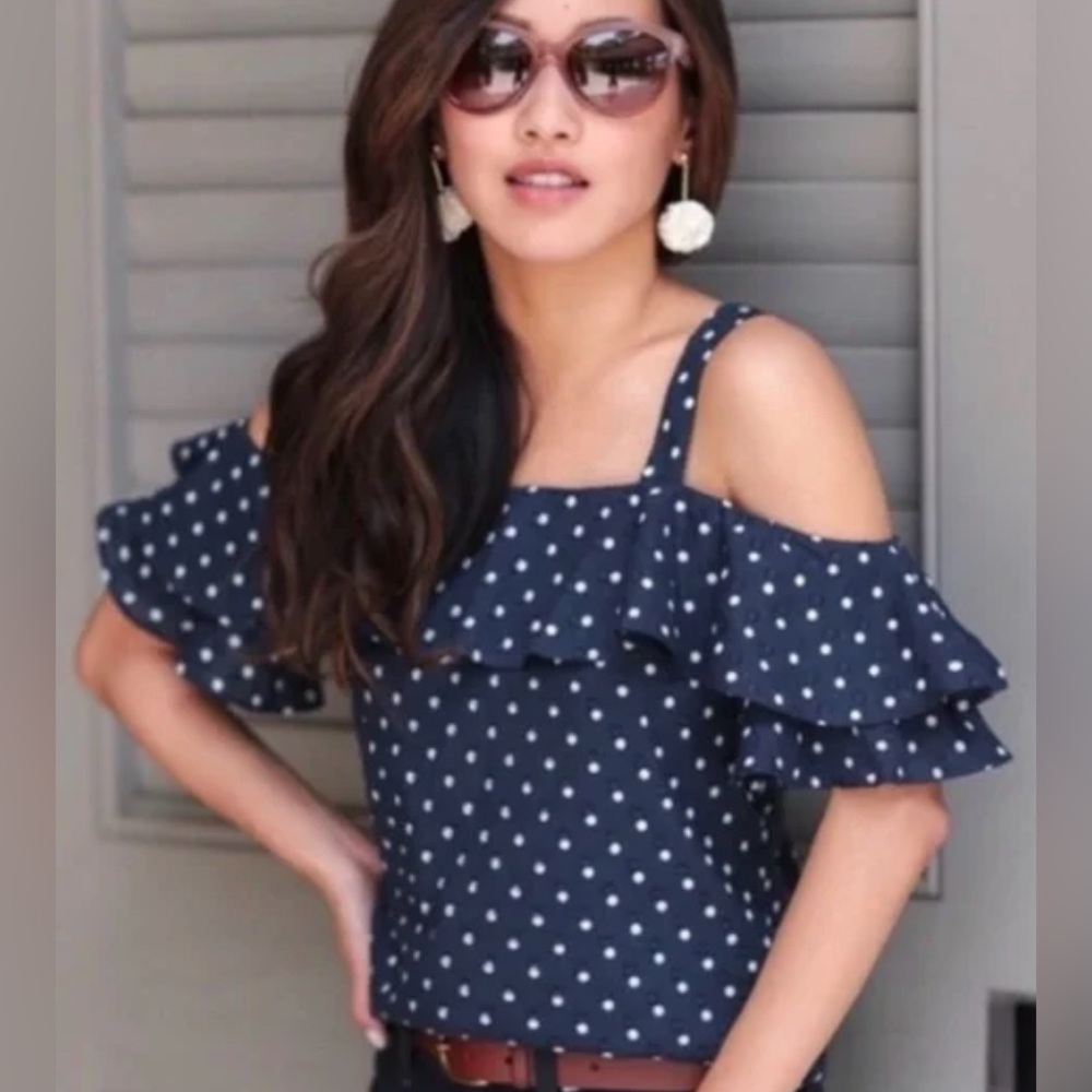 J.Crew Polka Dot Ruffle Off Shoulder Top
Navy Blue Size 10